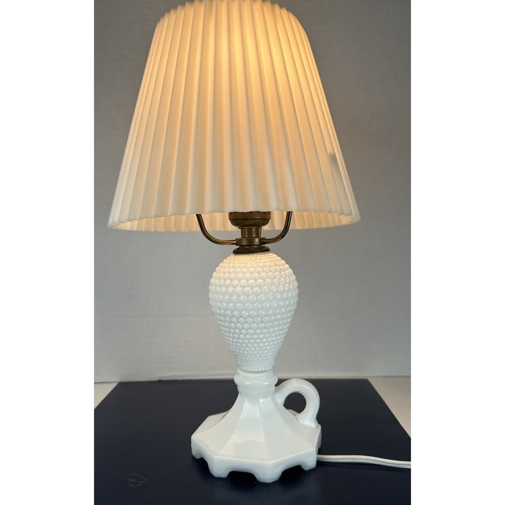 Vintage White Milk Glass Hubnail Table Lamps With Plastic Shade